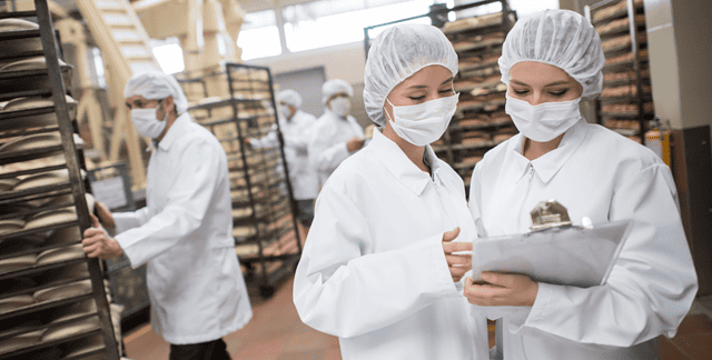 workers in hair nets, masks and lab coats working in a commercial kitchen.