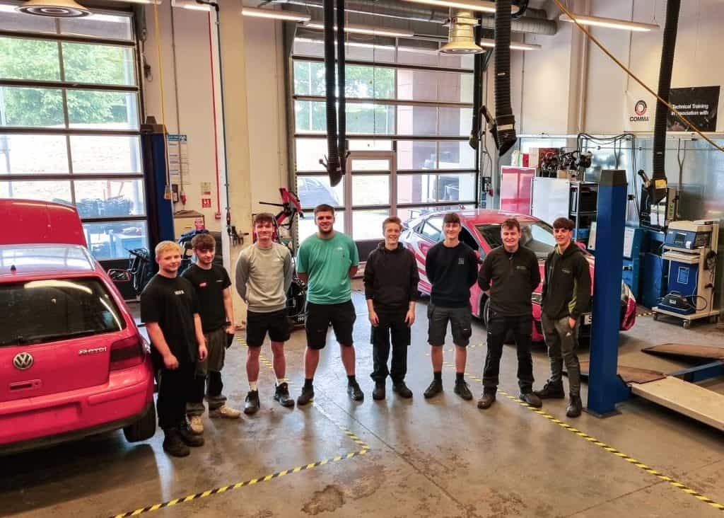 Motor Vehicle students in the Motor Vehicle Workshop at Dumfries and Galloway College