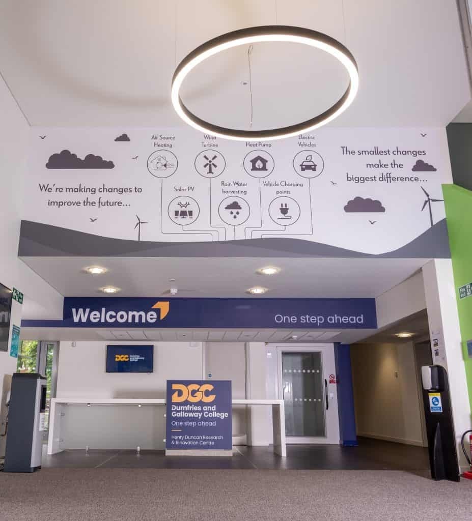 Reception area of the Henry Duncan Building on Dumfries Campus at Dumfries and Galloway College