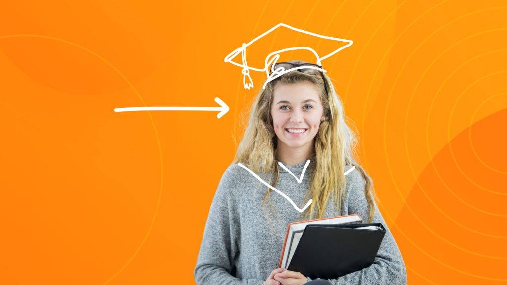 Smiling young woman holding books, with a white, doodled graduation cap and arrow on a vibrant orange background.