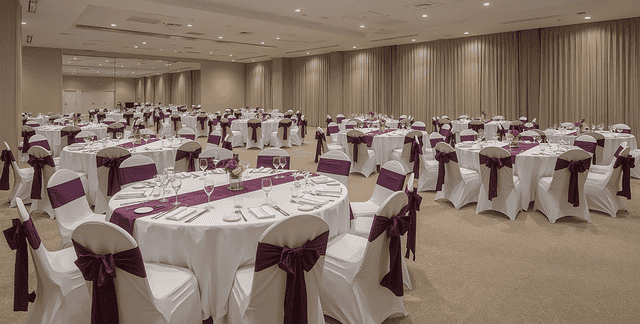 Event space set up with round tables and chairs. Table and chairs have linens and seat covers.